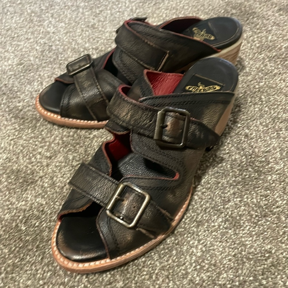 Freebird Caprice Black Brown Leather Block Heel Sandals Adjustable Buckle Size 8